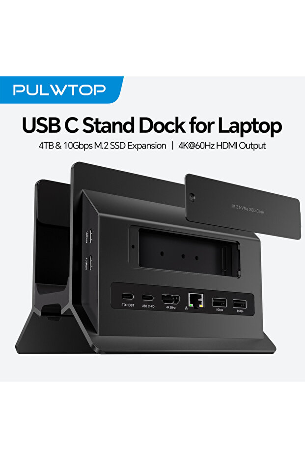 Black PULWTOP Laptop Docking Station with M.2 SSD Expansion, HD 4K, RJ45, USB-C 2USB C 10Gbps, SD/TF