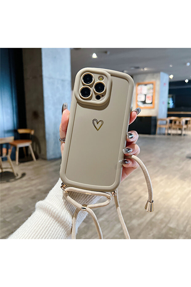 For iPhone 16 ProMax Case & Strap Khaki Crossbody Lanyard Heart Silicone Soft Case For iPhone 17 16
