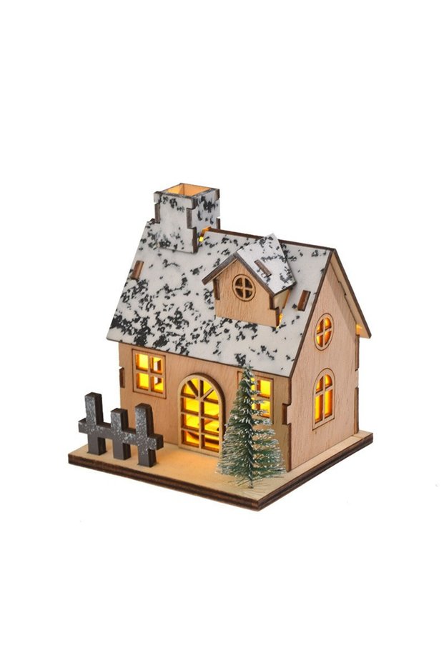 with battery B LED Wooden Christmas House Village Unfinished Xmas Snow House DIY Wood Chalet Tree Or