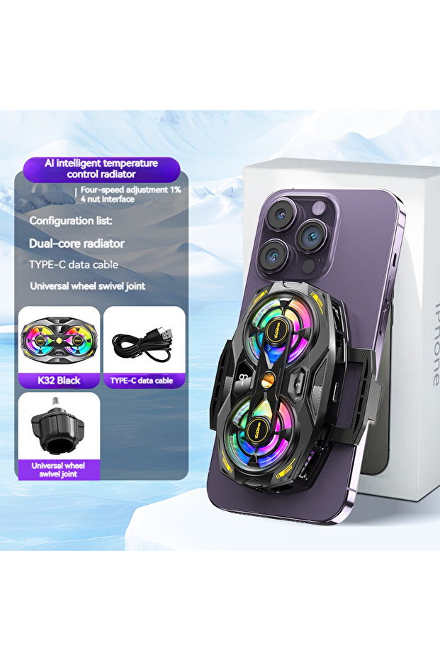 K32 Black K32 Clip-on Semiconductor Phone Cooler with Digital Display Smart Thermo Dual-core RGB Lig