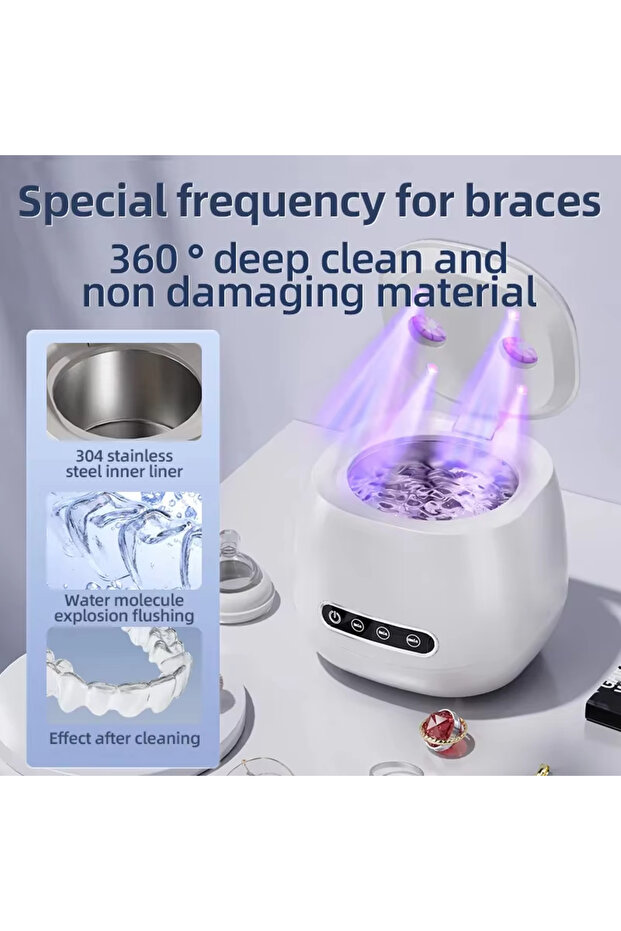 White Portable 48KHZ Ultrasonic Denture Cleaner UV Sanitizer Retainer Aligner Cleaning Machine 200ml