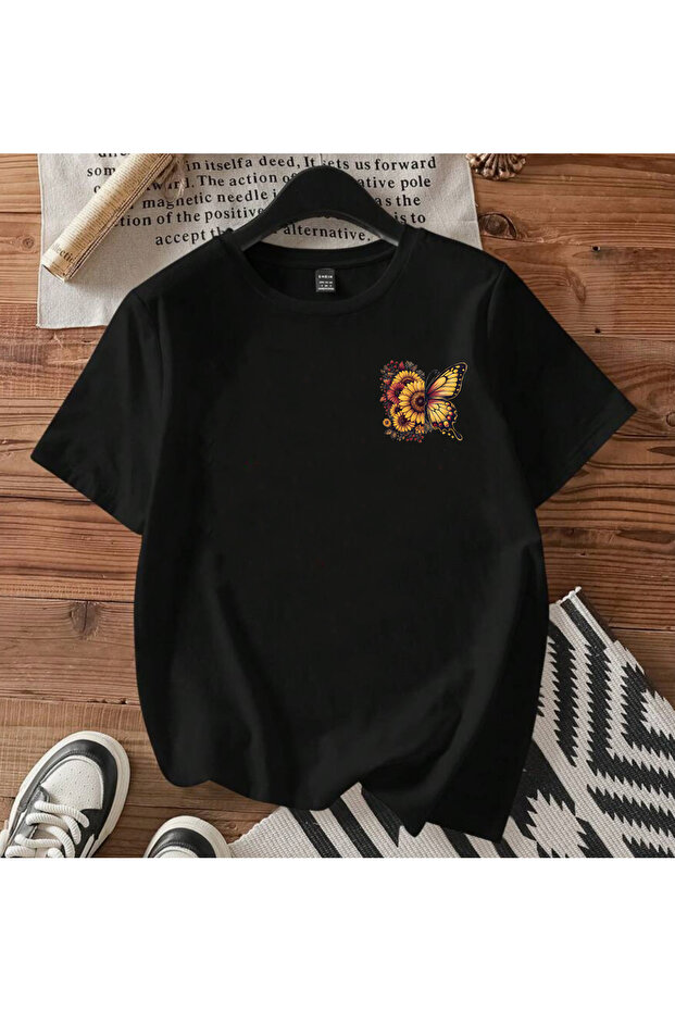 Flying Butterfly Printed Crew Neck Cotton Short Sleeve Unisex Tshirt