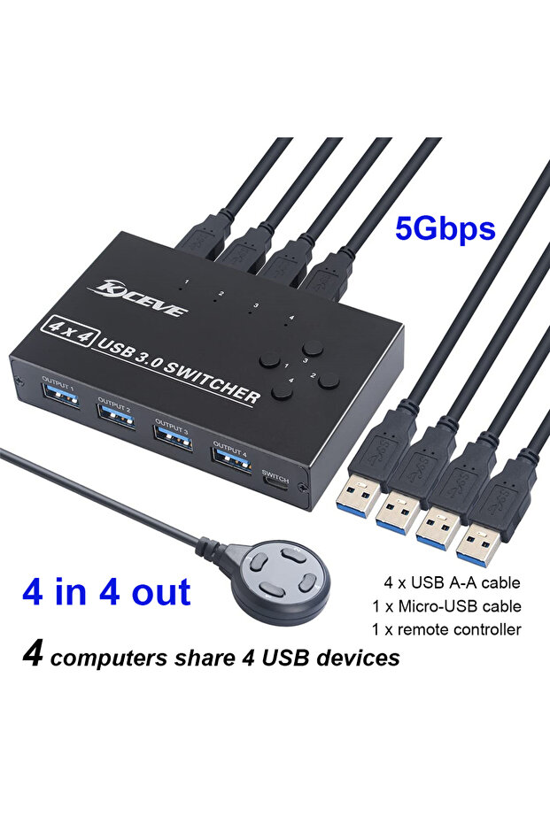 مفتاح USB 3.0 رباعي المنافذ KM MZX، 4 مداخل و4 مخارج، مفتاح KVM رباعي المنافذ، موزع USB 3.0، 4 منافذ KM، مشاركة بين 4 أجهزة مضيفة