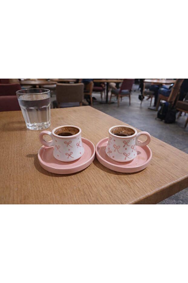 Elegant Pink Bow Embroidered 2-Person Coffee Cup Set