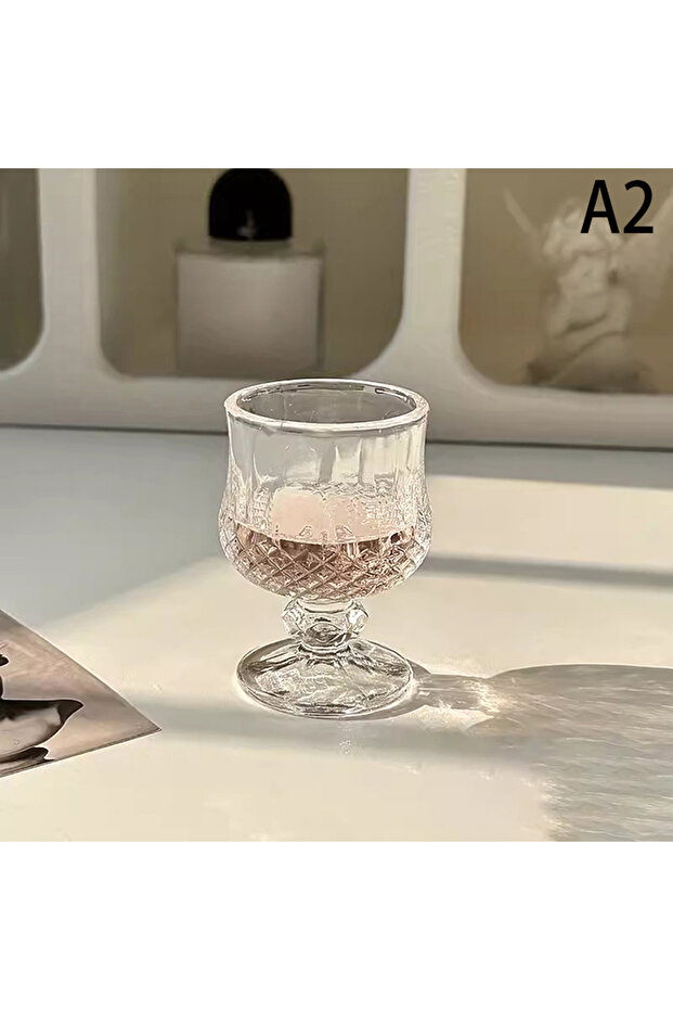 A2 Korean Style Engraved Embossed Small Goblet Glass Cup For Soju Sake Liquor Short Stemmed Glass