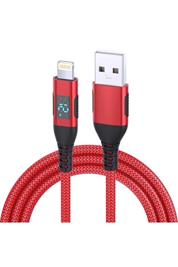 1M 1PC Red 1PC MFI Certified USB A to Lightning Fast Charging Nylon Braided Cable With Led Digital D