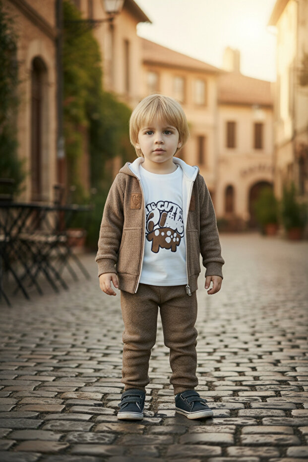 Waffle Fabric Sweet Hooded 100% Cotton Boys' 3-Piece Set