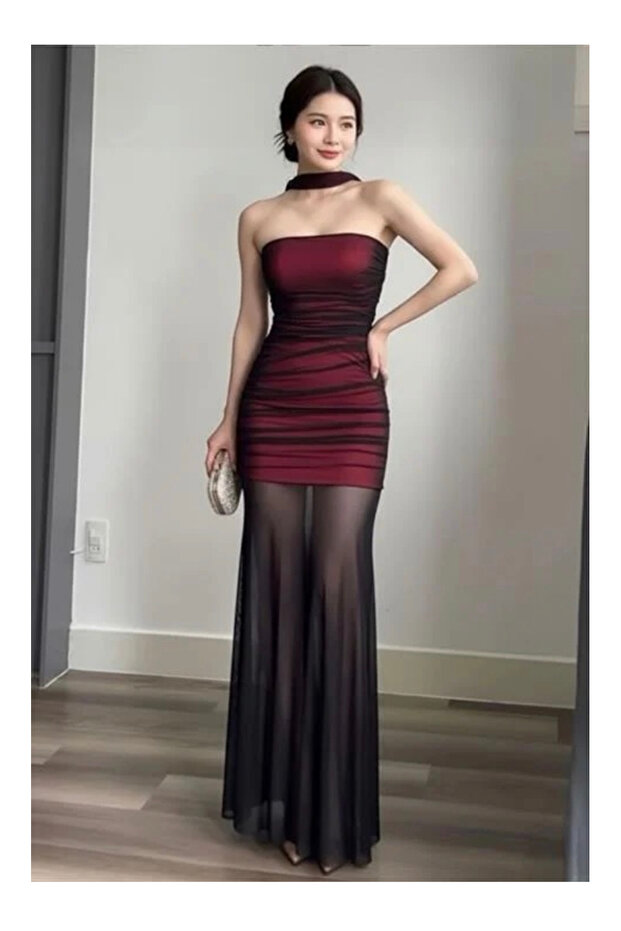 Transparent Burgundy Vintage Midi Dress with Tulle