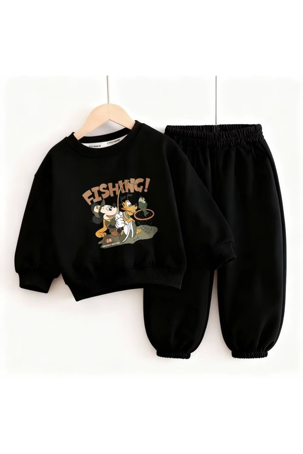 Fishing Printed Crew Neck Combination Top and Bottom Tracksuit Set
