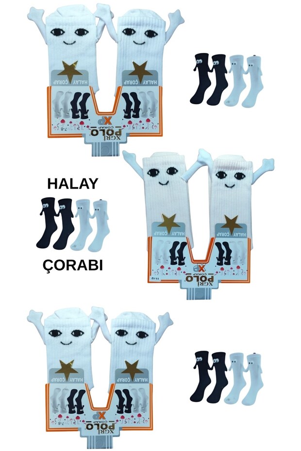 3 Pairs of Magnetized Hand-Holding Look-Alike Cheerful Combed Cotton College Boy Socks White - Pink