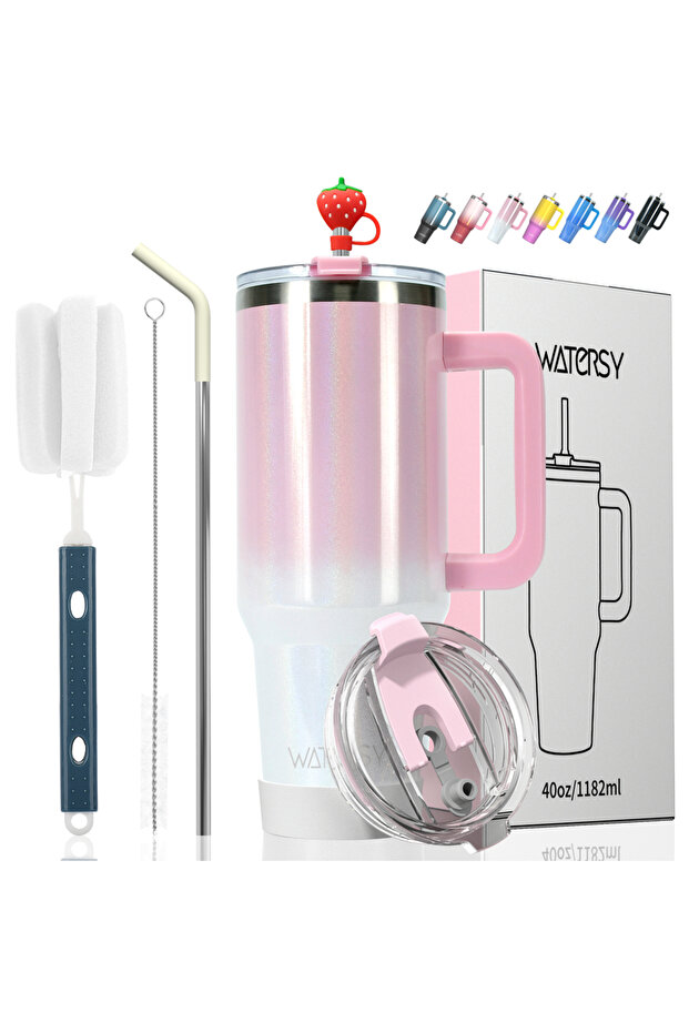 1182ml Pink White WATERSY 30oz/40oz Stainless Steel Thermal Cup Large Capacity Tumbler with Handle &