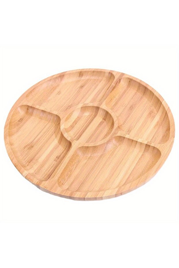 5-lattice Wooden Divided Serving Trays Bamboo Fruit Tray with 5 Compartments Round Serving Tray for