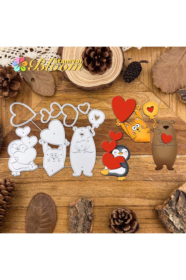 Original Lovely Animals Bear Penguin Cat with Hearts Metal Cutting Dies Scrapbooking Decorative E...