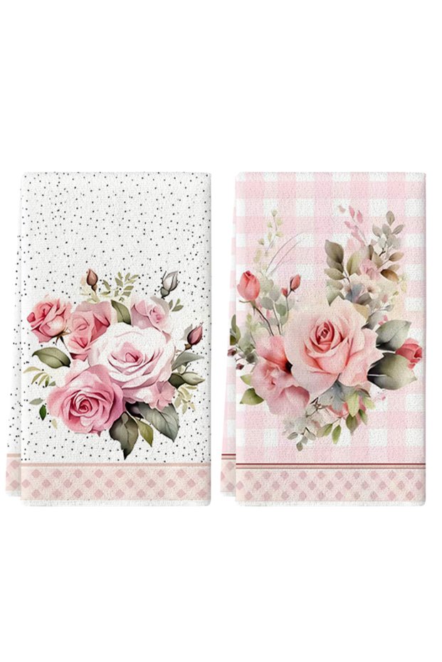2pcs WHITE 2Pcs, Vintage Pink Rose Print Kitchen Towels, 40Cm*60Cm Towel Set, Super Absorbent Soft C