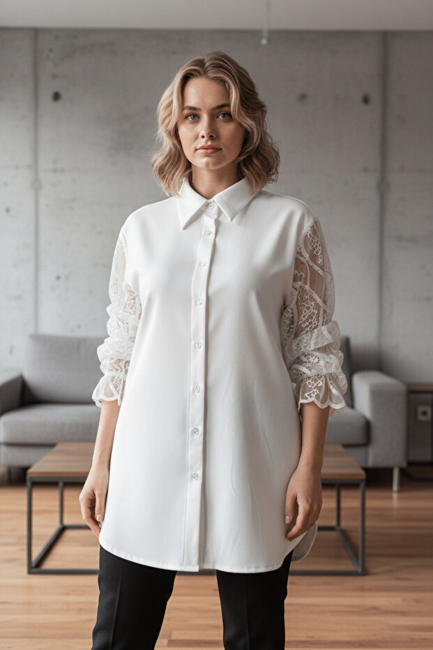 BEYAZ KOLU DANTELLİ BLUZ - 4