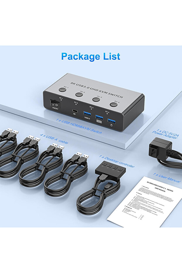 محول KVM HDMI رمادي اللون بقابس أوروبي يدعم 8K@60Hz و4K@120Hz، متوافق مع HDMI 2.1 وUSB 3.0، لمشاركة 4 أجهزة كمبيوتر