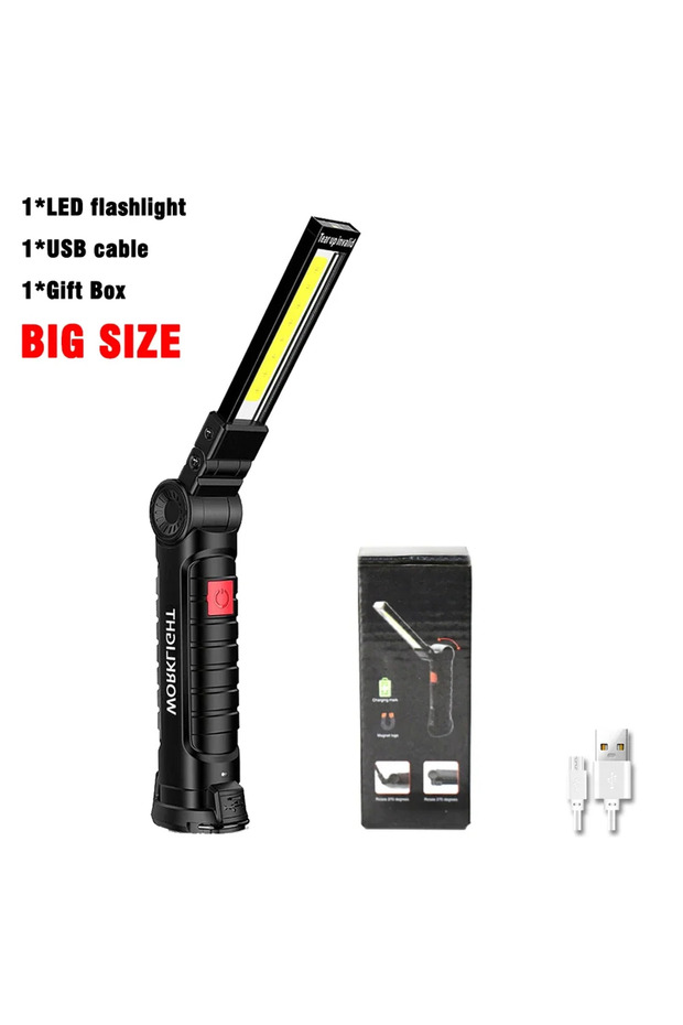 مصباح يدوي كبير من نوع LED COB قابل لإعادة الشحن عبر منفذ USB، مزود بخطاف مغناطيسي قابل للدوران 360 درجة