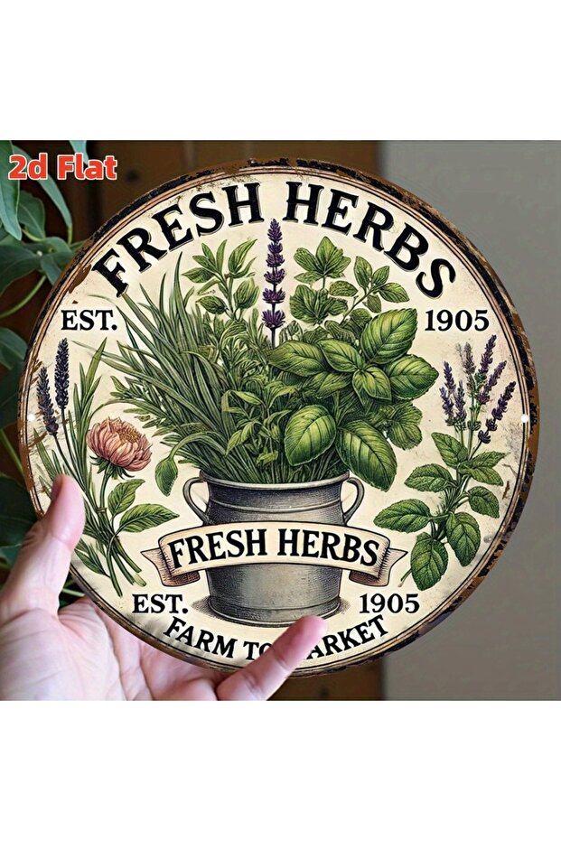 Round 20X20CM TYA23782 7.8" 2D Flat Vintage Rustic Round Aluminum Herb Garden Sign - Fresh Herbs Des