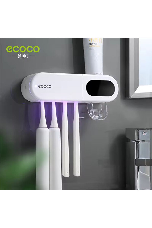 جهاز تعقيم فرشاة الأسنان الأبيض من ECOCO، يعمل بالحث التلقائي وقابل لإعادة الشحن، مع خاصية التجفيف والتعقيم بالأشعة فوق البنفسجية، يثبت على الحائط