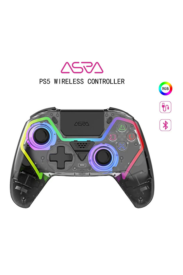 وحدة تحكم ألعاب شفافة سوداء لأجهزة PS5/PC/iOS/Android/Steam، وحدة تحكم لاسلكية للألعاب مع خاصية Pr
