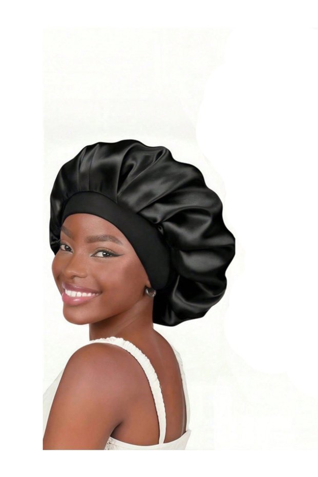 black 1 silk sleep cap - satin hair bag for curly/natural hair, soft elastic band, gentle sleep cap