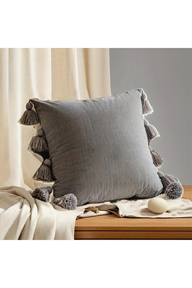 45x45cm gray 1pcSolid Decorative Throw Pillow Cover with Tassels Boho Accent Cushion Case for Couch