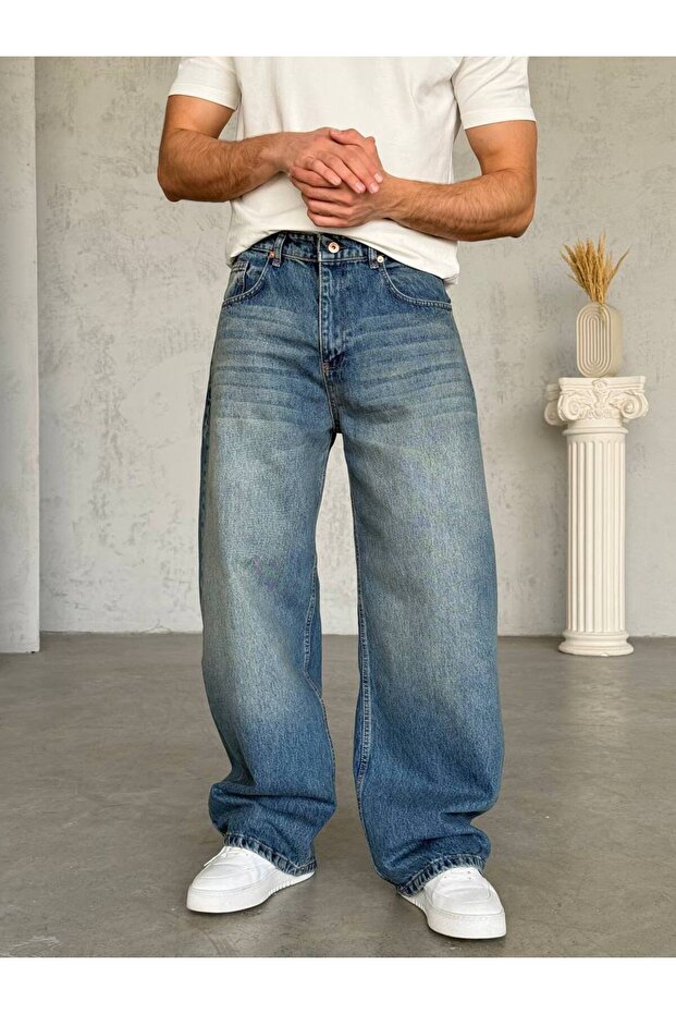 Men's Blue Baggy Extra Loose Distressed Jean Denim Pants
