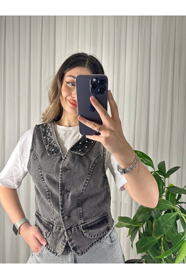 İncili denim yelek - 2