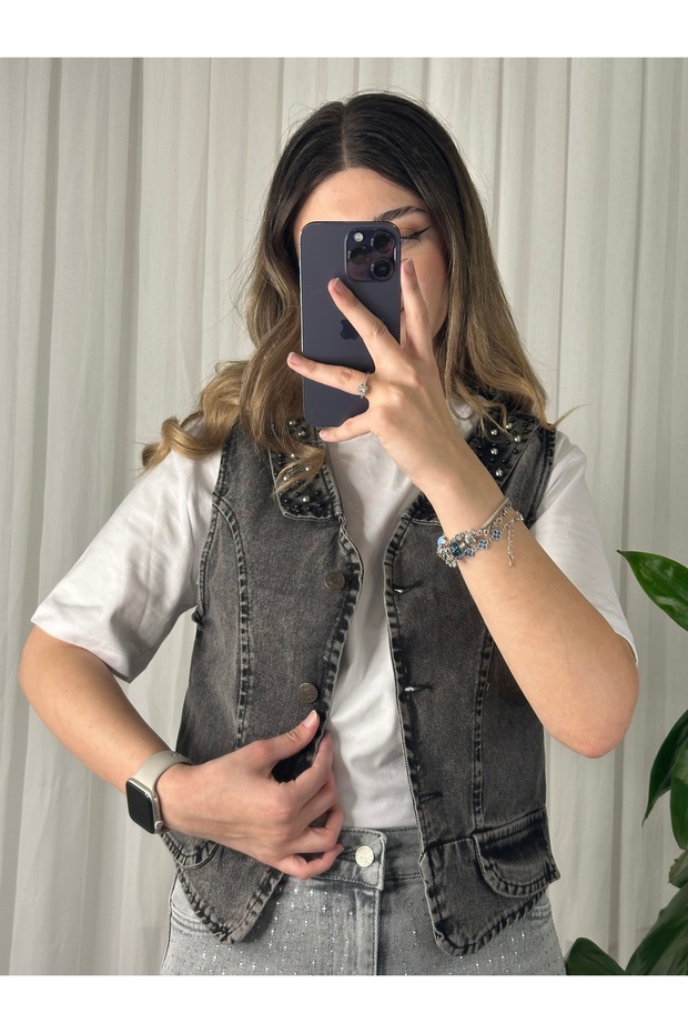 İncili denim yelek - 1