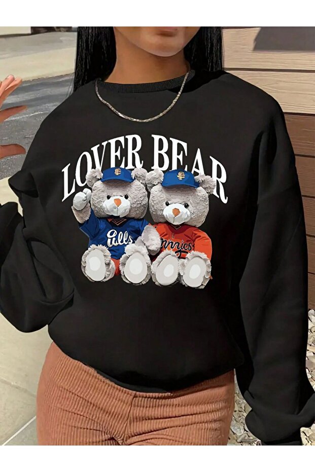 Lover Bear Printed Bear Sweatshirt with Circular Neckline