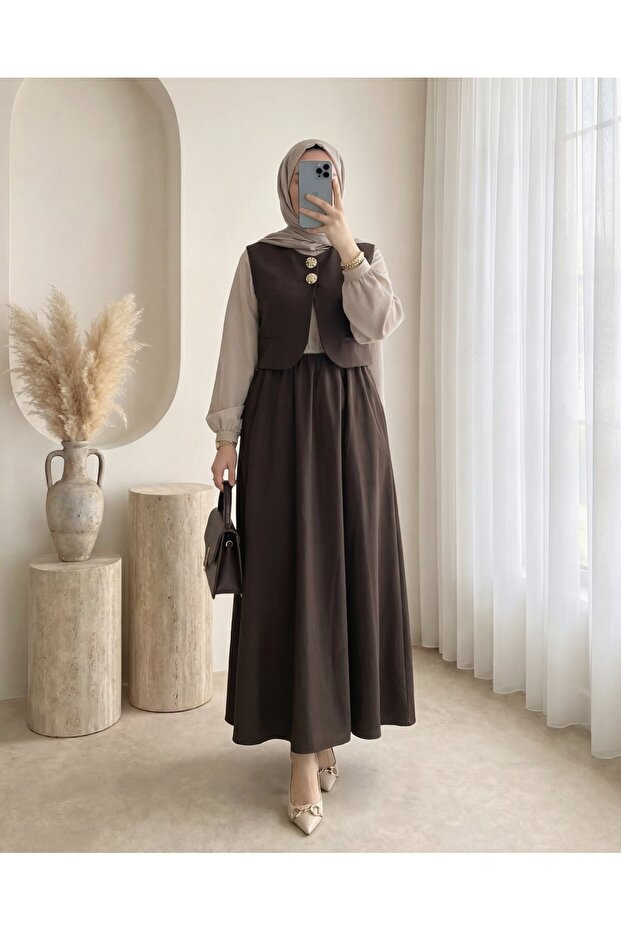 Elastic Waist Half Buttoned Zra Cupra Vest Dress Set - Brown