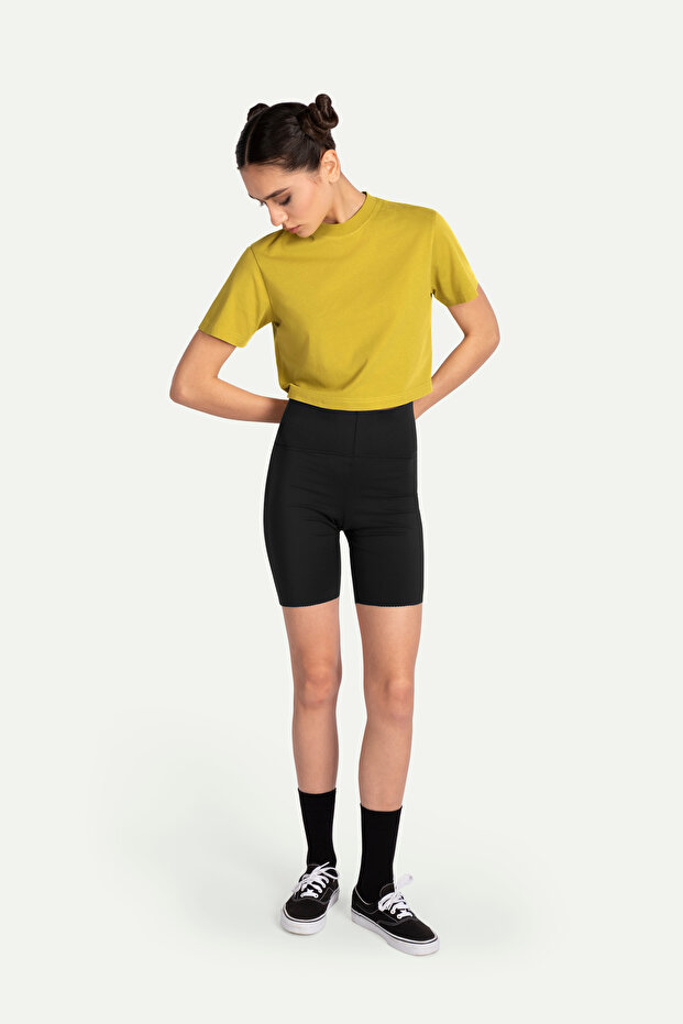 Kadın Flat Cut Crop Basic T-Shirt - Moss - 4