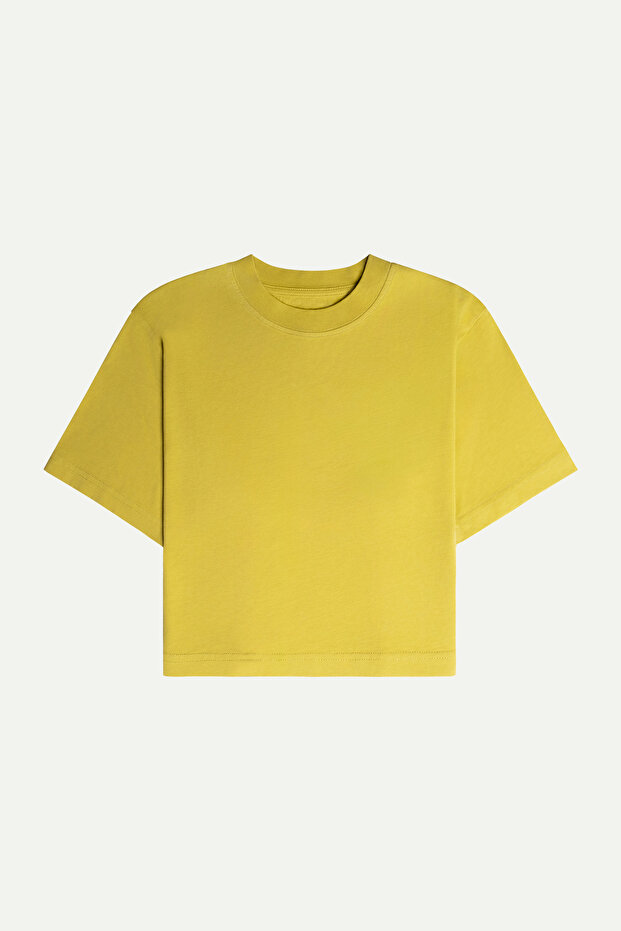 Kadın Flat Cut Crop Basic T-Shirt - Moss - 1