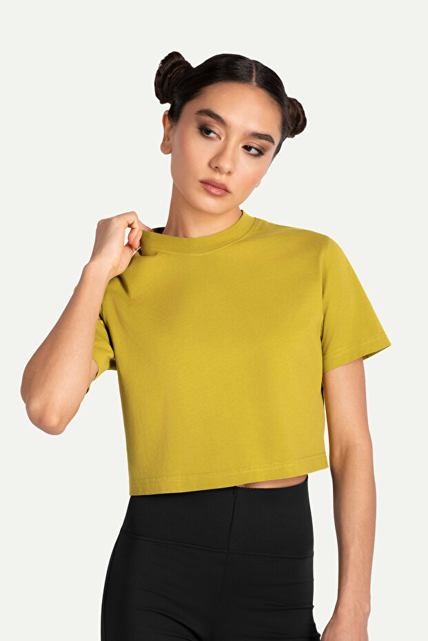Kadın Flat Cut Crop Basic T-Shirt - Moss - 3