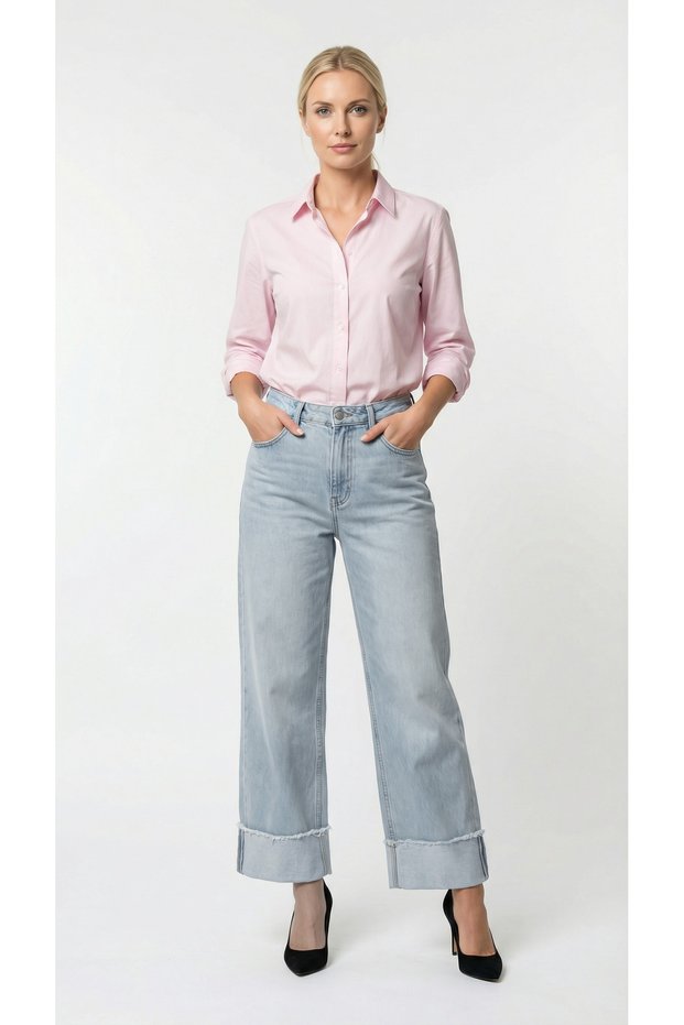 Women's 100% Cotton Scissor-Adjustable Length Wide Leg Baggy Jeans