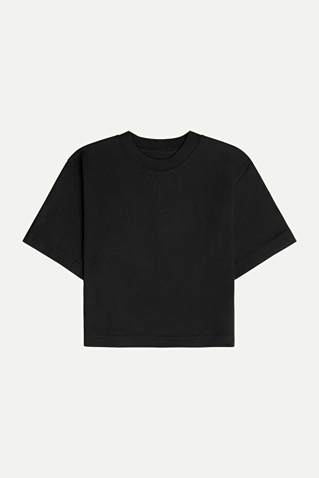 Kadın Flat Cut Crop Basic T-Shirt - Tar - 1