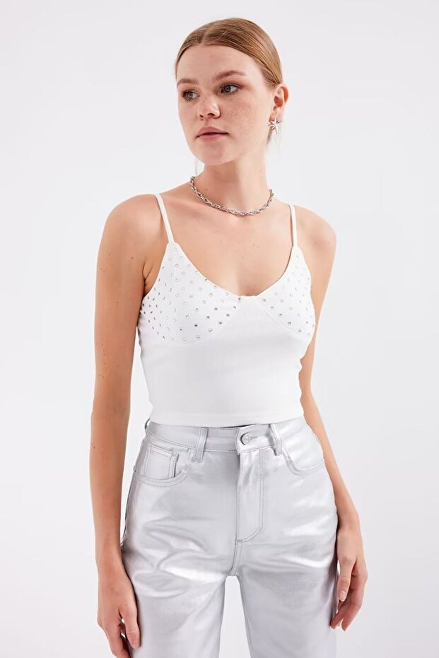 İp Askılı Crop Top - Beyaz - 1