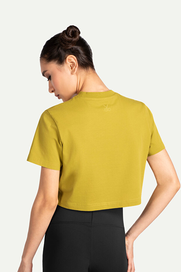 Kadın Flat Cut Crop Basic T-Shirt - Moss - 7