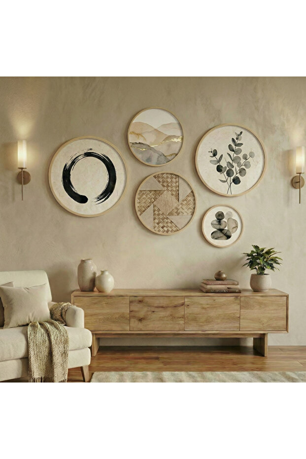 Wabi Sabi Set of 5 Round Paintings - Japandi Wall Decor with Natural Birch Wood Frame Huhu861 - Round Painting Set