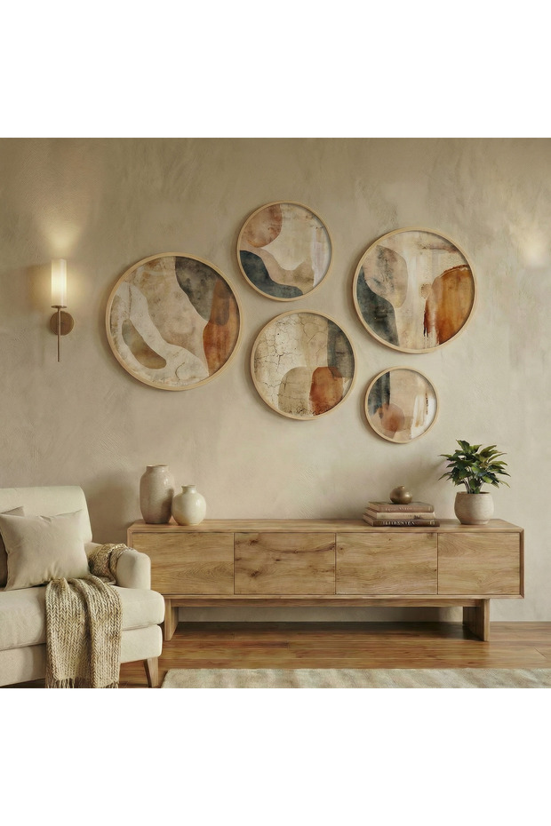 Wabi Sabi Set of 5 Round Paintings - Japandi Wall Decor with Natural Birch Wood Frame Huhu865 - Round Painting Set