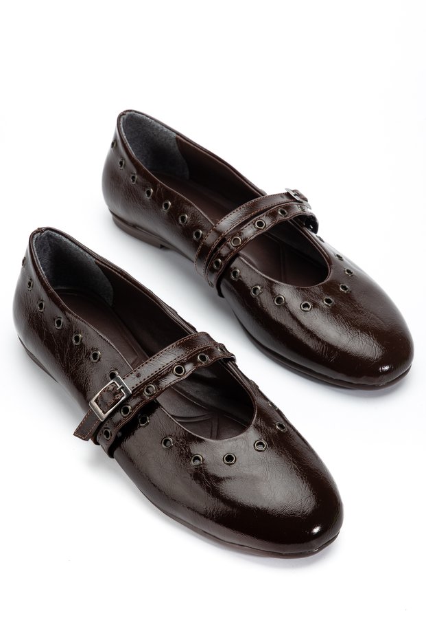 Women's Brown Patent Leather Strappy Casual Ballerinas with Capsule Accessory Detail