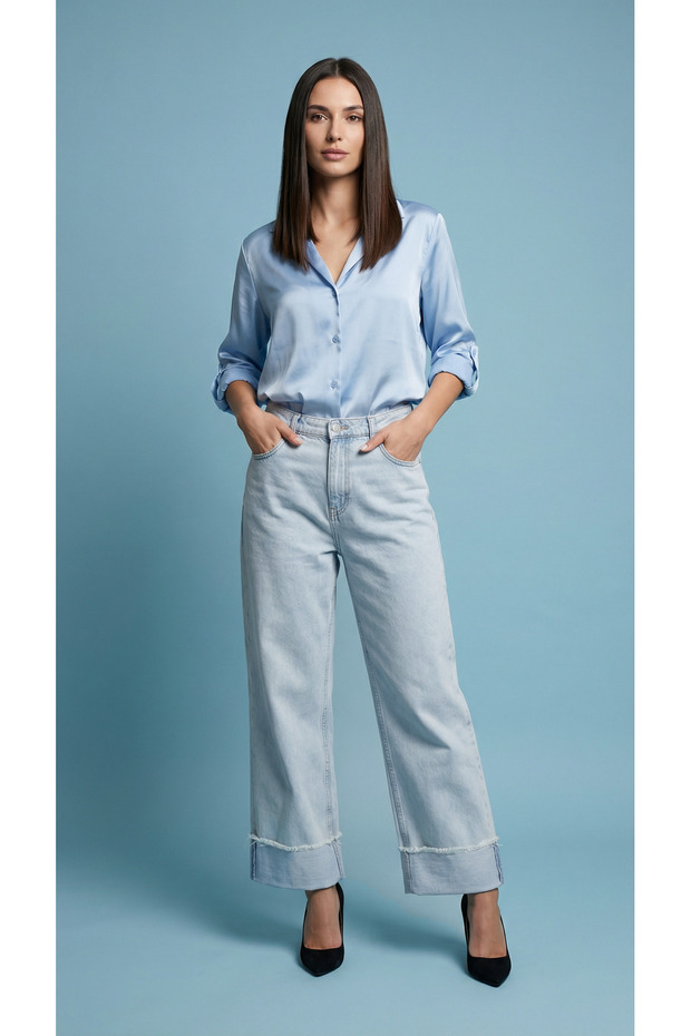 Women's 100% Cotton Scissor-Adjustable Length Wide Leg Baggy Jeans