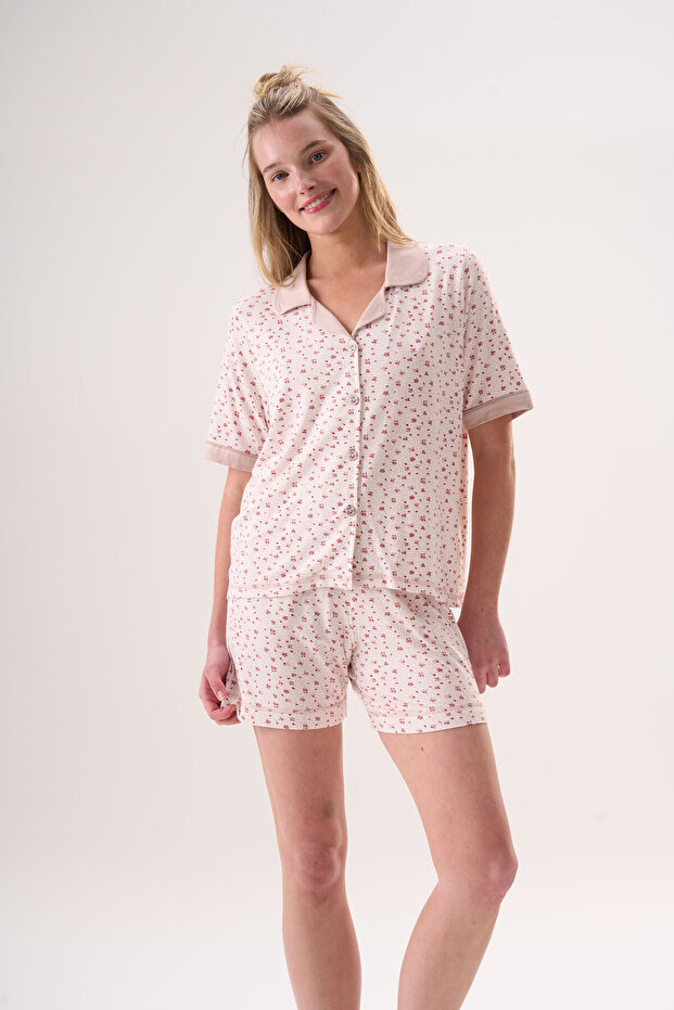 Short Sleeve Shirt Collar Front Buttoned Floral Patterned Bamboo Fabric Women's Shorts Set 26311