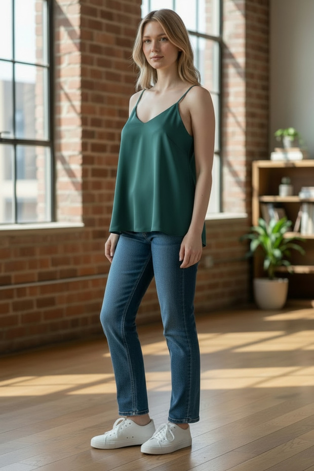 Women's Khaki Plus Size Premium Tensel Fabric Adjustable String Strap V-Neck Comfortable Basic Stylish Blouse