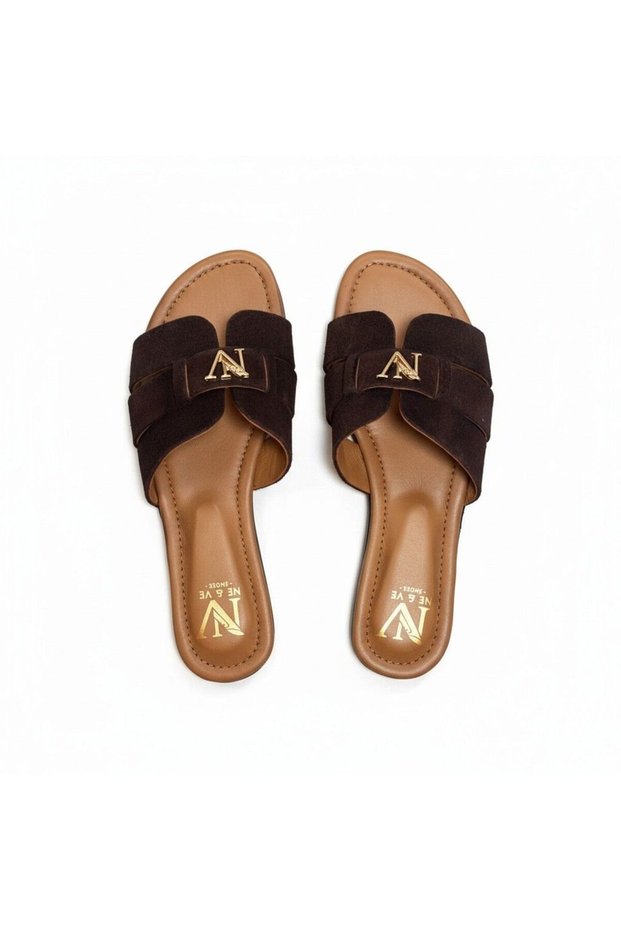 Brown Suede Genuine Leather Women's Daily Comfortable and Stylish Slippers with Gold Accessories
