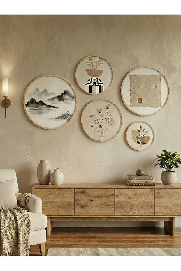 Boho Style 5-Piece Round Painting Set - Bohemian Wall Decor with Natural Birch Wood Frame - Huhu873