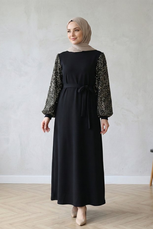 Women's Imported Lycra Hijab Dress with Sequined Sleeves and Belt - Golden Yellow - Gold