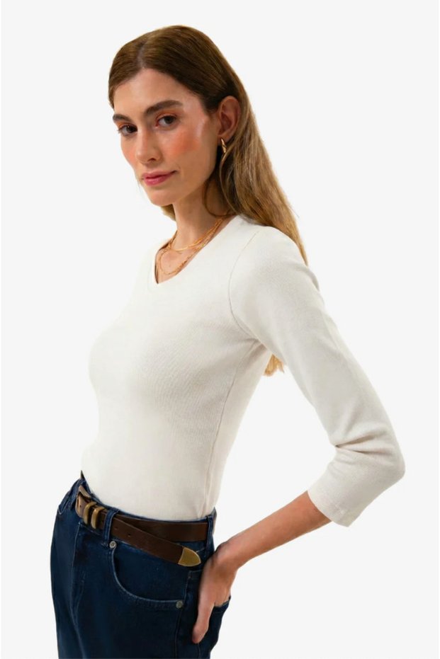 Organic Cotton Off-White Ribbed Women's Long Sleeve V-Neck Blouse