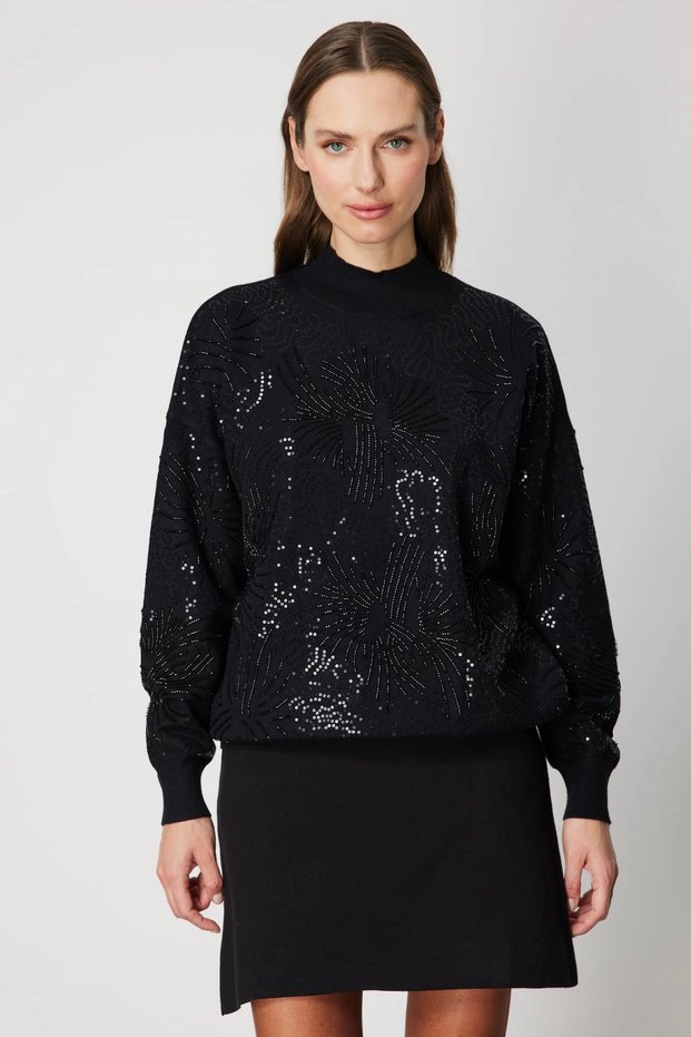 Women's Round Neck Black Knitwear Sweater with Stones on the Front 60323