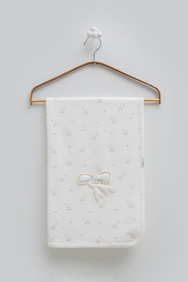 100% Cotton Baby Blanket with Duck Pattern and Bow Detail, 85X90 cm